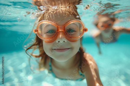 Portrait of cute little girl in swimming pool with goggles and cap