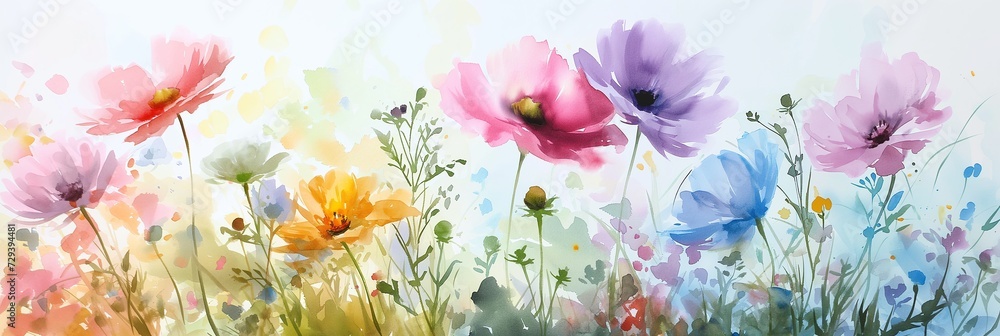 Horizontal floral watercolor art banner, background, splash screen, header. Summer and spring illustration