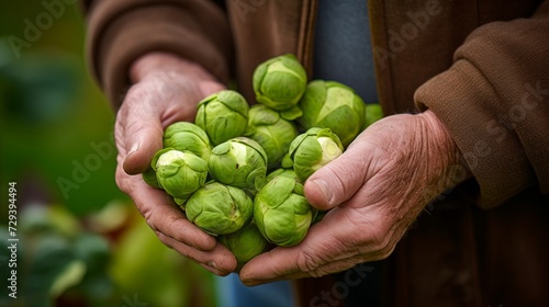 close-up of a man's hands holding Brussels sprouts, harvesting in the garden Generative AI