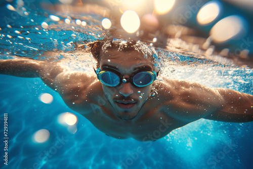 Young man swimming underwater in a pool. Sport and healthy lifestyle.