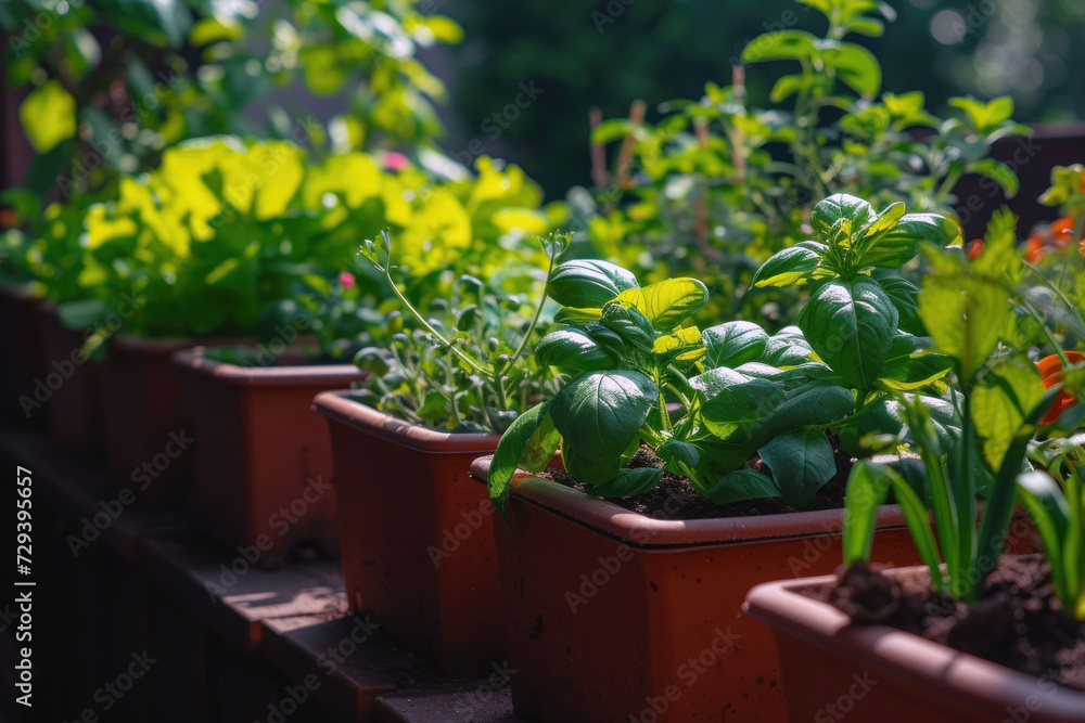 Row of potted plants with young green leaves Row of potted plants with young green leaves