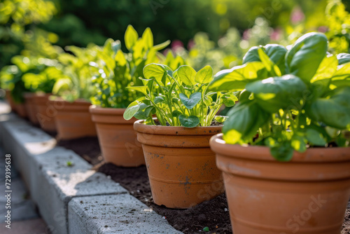 Row of potted plants with young green leaves
