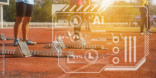Sprint athletes use AI tools to analyze their running.Close up of runners feet on the track field photo