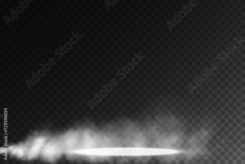 Title: Dark stage podium on transparent background, neon light from spotlight, empty dark stage and studio room with floating smoke. For product demonstrations.
