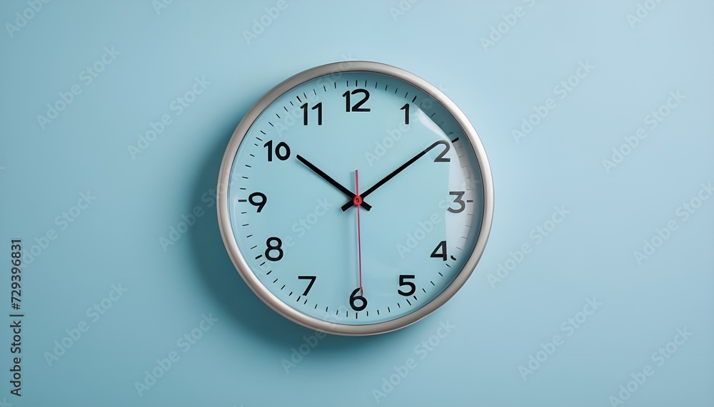 Time: Round Clock Adorning a Light Blue Wall. Time: Round Clock Adorning a Light Blue Wall.
