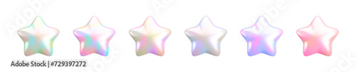 Vector 3d metallic stars icon set on white background. Cute realistic cartoon 3d render, glossy holographic element, rainbow chrome star Illustration for customer rating, decoration, game, app