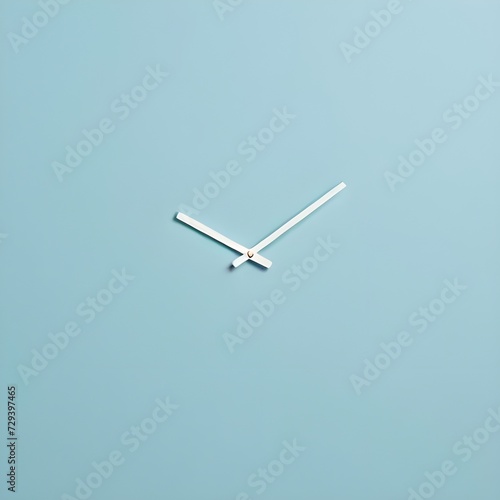 Two white clock hands on a light blue blank wall.