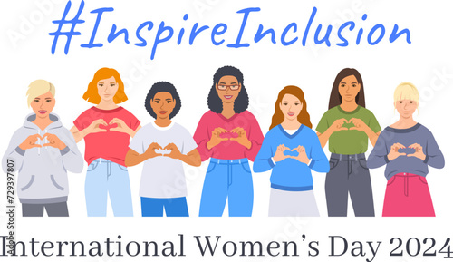 Inspire inclusion campaign pose. International Women's Day 2024 theme. Smiling diverse women make heart symbol with their hands to stop discrimination and stereotypes. Gender equal inclusive world