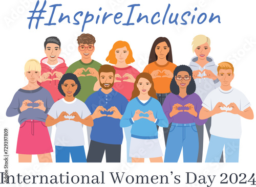 Inspire inclusion campaign pose. International Women's Day 2024 theme. Smiling diverse women and men make heart symbol with hands to stop discrimination and stereotypes. Gender equal inclusive world © vectorikart