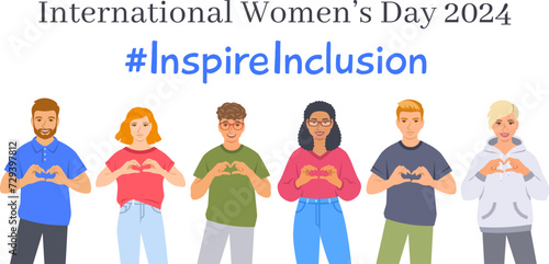 Inspire inclusion campaign pose. International Women's Day 2024 theme. Smiling diverse women and men make heart symbol with hands to stop discrimination and stereotypes. Gender equal inclusive world