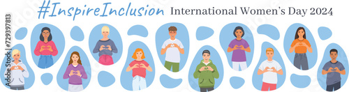Inspire inclusion campaign pose. International Women's Day 2024 theme banner. Diverse women and men make heart symbol with hands to stop discrimination and stereotypes. Gender equal inclusive world