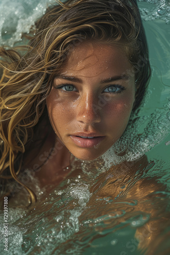 Portrait of a woman in the pool  close up. Woman swims in the sea.