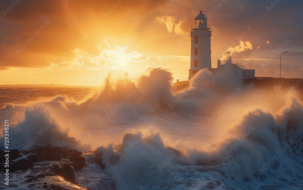 Lighthouse Surrounded by Waves at Sunset