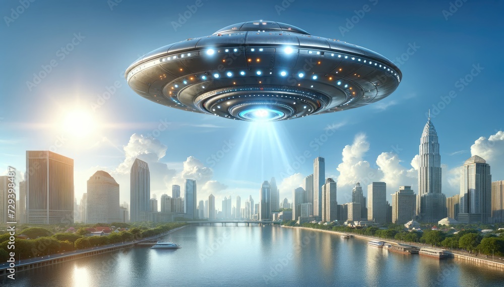 Fototapeta premium Urban Anomaly: Daylight UFO Over Cityscape