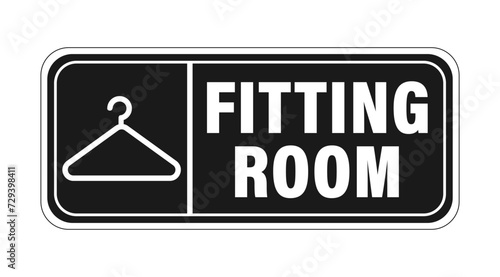 Fitting room, horizontal  information sign with symbol of hanger and text on the right. Black background.