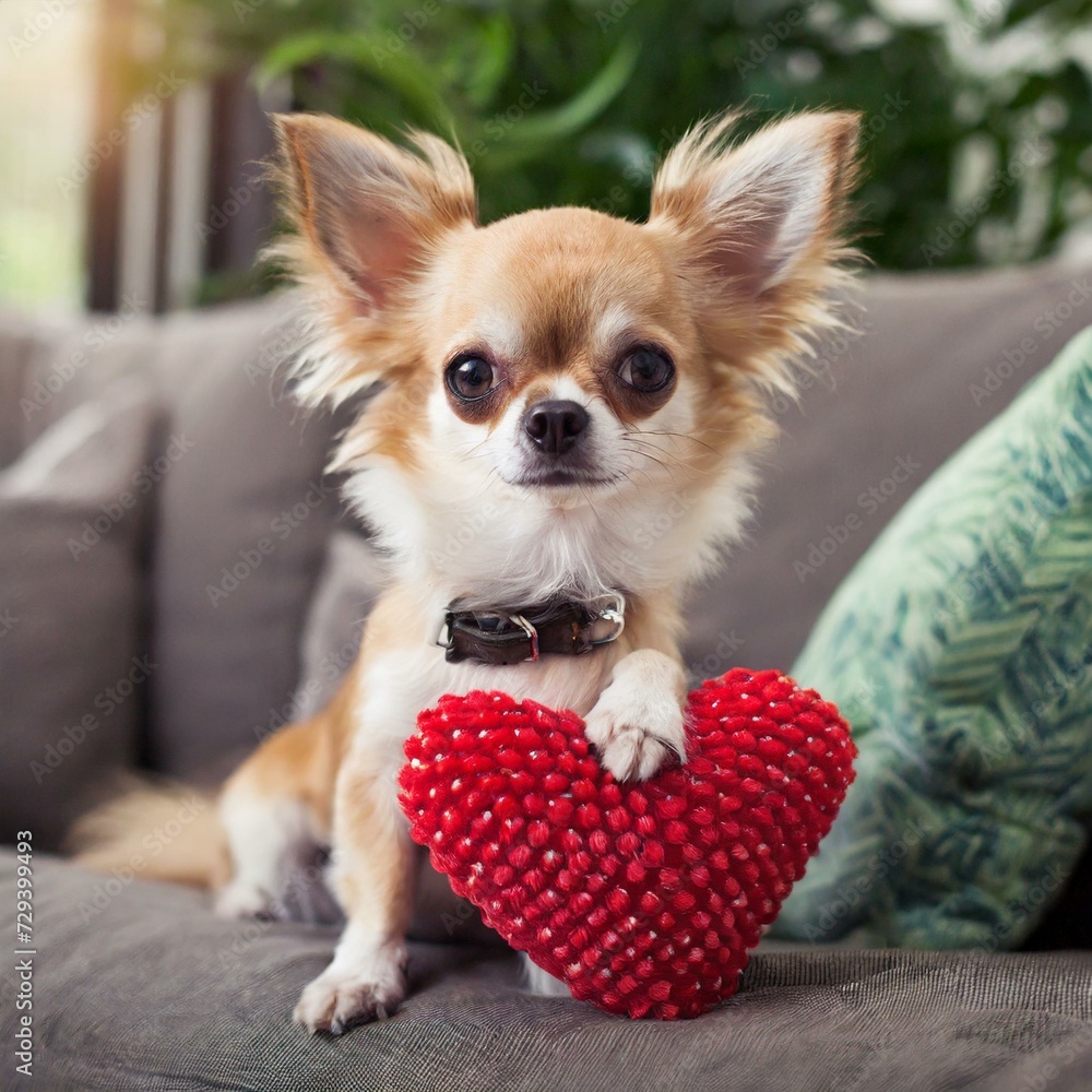 Cute chihuahua dog sat on sofa with Love heart cushion. Cute chihuahua dog sat on sofa with Love heart cushion.