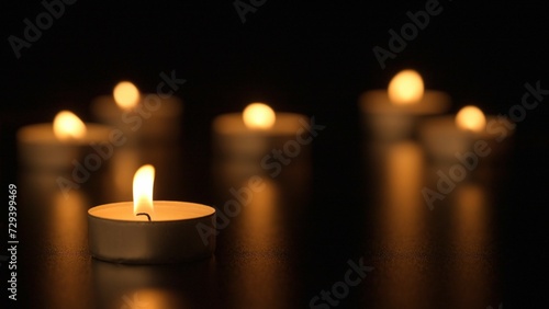 Burning candles. The candles burn against a black background and the flames move when the wind blows. The concept of a memorial day. Background for advertising and design projects.