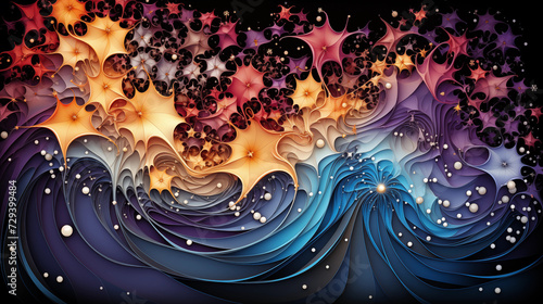 Colorful art abstract background with swirling fractal patterns, waves, stars.