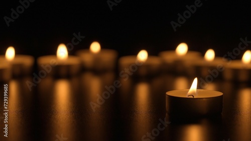 Burning candles. The candles burn against a black background and the flames move when the wind blows. The concept of a memorial day. Background for advertising and design projects.