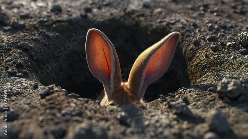 Hare Ears Emerging from Burrow, 3D render of hare ears attentively sticking out from a dark earthen burrow photo