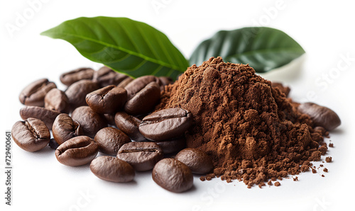 Coffee beans ground and whole with leaf sprig over white background.