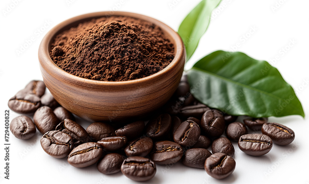 Coffee beans ground and whole with leaf sprig over white background. Coffee beans ground and whole with leaf sprig over white background.