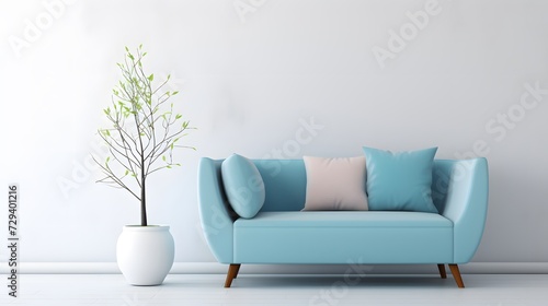 Cute blue loveseat sofa or snuggle chair and pot with branch. Interior design of modern living room with white wall with copy space.  © Ziyan Yang