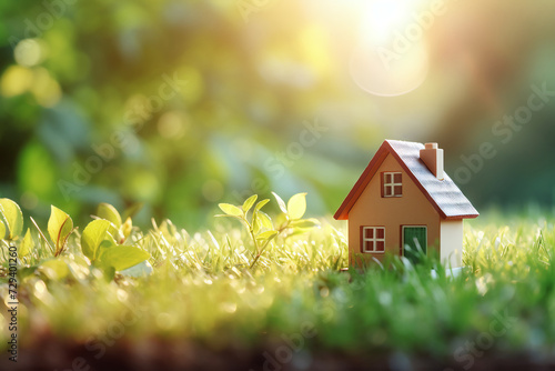 Wallpaper Mural Small house model and light bulb on the ground for real estate idea concept , eco design , green electricity energy background. Torontodigital.ca