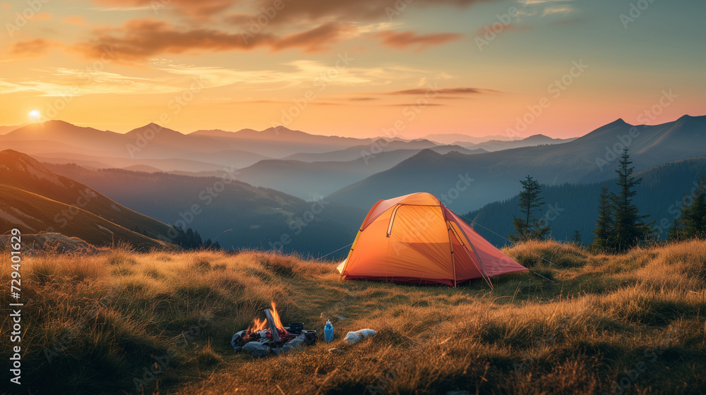 a brightly colored tent pitched in a serene mountain landscape at sunset, soft golden light illuminating the scene. Nearby camping gear and a small campfire, Generative AI
