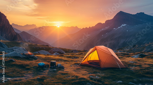 a brightly colored tent pitched in a serene mountain landscape at sunset, soft golden light illuminating the scene. Nearby camping gear and a small campfire, Generative AI