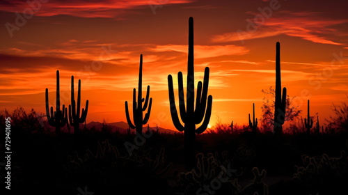 silhouette of cactus plants against the vibrant hues of a desert sunset