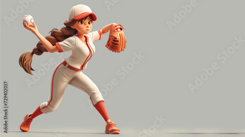 A woman cartoon baseball player in white jersey with equipment photo