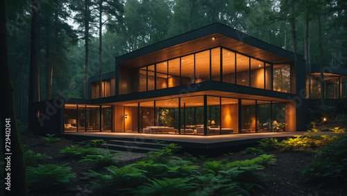 stunning biophilic home hidden deep in a mysterious, shady forest. organically merging with the surrounding natural beauty. demonstrates a harmonious combination of nature and architecture