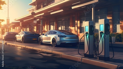 electric cars parked in a row with charging stations, street background