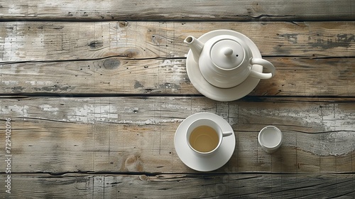 White teapot and cup on a rustic wooden table setting a calm mood