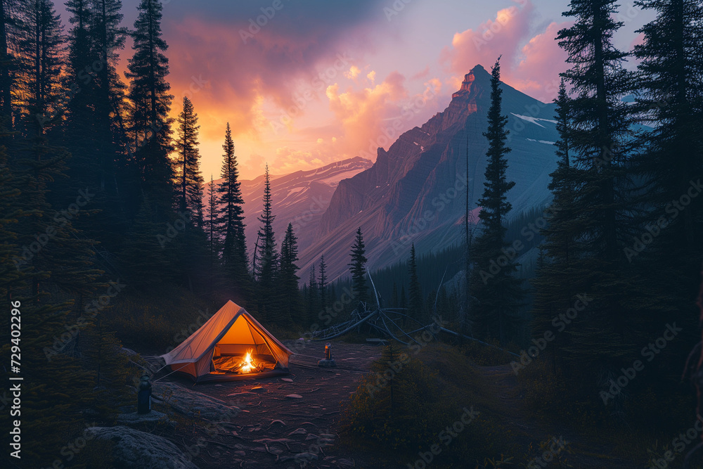 a small camping site nestled among tall mountains, with a clear view of the setting sun casting a pink and orange glow. A tent is set up with the campfire glowing, Generative AI - obrazy, fototapety, plakaty 