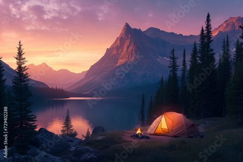 a small camping site nestled among tall mountains, with a clear view of the setting sun casting a pink and orange glow. A tent is set up with the campfire glowing, Generative AI