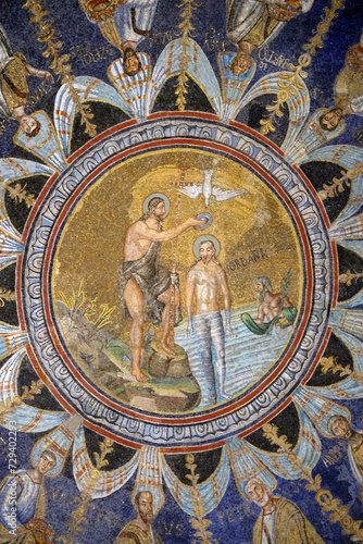 Dome mosaics inside Neonian baptistery in Ravenna  Italy.