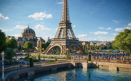 idealized image of paris in spring with the seine and the Eiffel tower