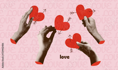 14 February collage set. Paper halftone hands holding hearts with grunge texture and linear arrows. Mixed media design with cut out paper female palms for Valentine's day events. Vector illustration