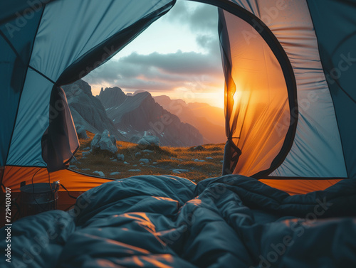 a cozy tent door open towards a stunning mountain view at sunset, inviting the viewer into the scene. Warm light fills the interior, with camping essentials visible inside, Generative AI
