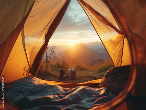 a cozy tent door open towards a stunning mountain view at sunset, inviting the viewer into the scene. Warm light fills the interior, with camping essentials visible inside, Generative AI