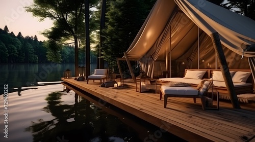 Glamping houses in nature forest by lake. Open traditional canvas bell tent house with modern furniture inside. Tent interior and exterior. AI generative © Ziyan Yang