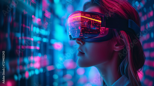 A businesswoman explores cutting-edge virtual reality  showcasing her engagement with futuristic technology in a dynamic digital world.