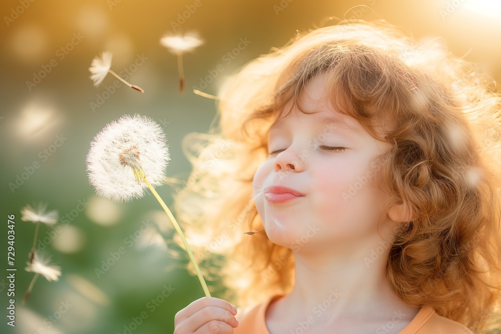 A young girl with a dandelion in hand blows the delicate seeds into the air amidst a picturesque field. A young girl with a dandelion in hand blows the delicate seeds into the air amidst a picturesque field.