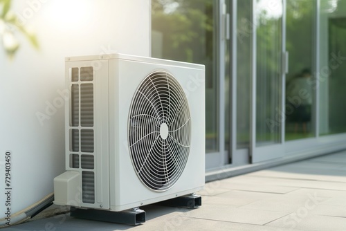 A white air conditioner unit is positioned next to a wall, ready to cool down the surrounding area.