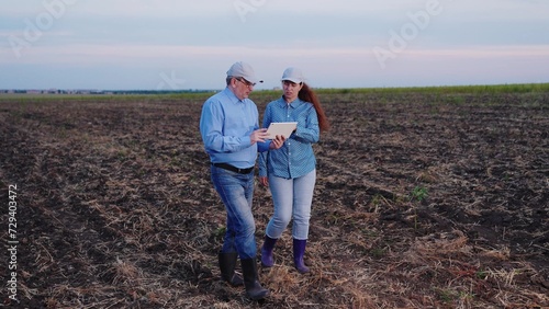 two farmers working digital tablet field, agriculture, teamwork business, growth development cultivation, shaking hands, sales, farmers countryside, farmer hands, corn field, cultivate, human © Валерий Зотьев