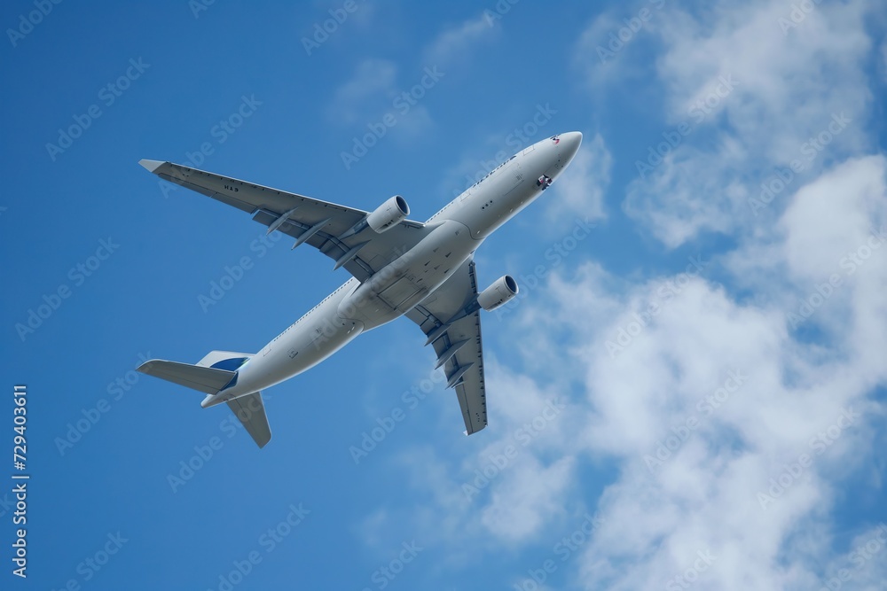 a sizeable jetliner soaring through a sky filled with billowing blue clouds. a sizeable jetliner soaring through a sky filled with billowing blue clouds.