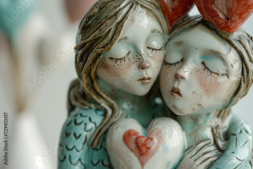 A ceramic statuette of two people with a red heart hugging each other. St. Valentine's Day © alenagurenchuk