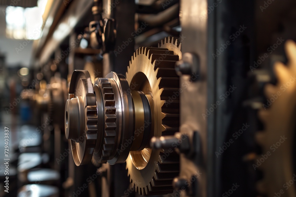 This close up photo showcases the intricate gears on a machine, revealing the mechanical complexity and precision involved. This close up photo showcases the intricate gears on a machine, revealing the mechanical complexity and precision involved.